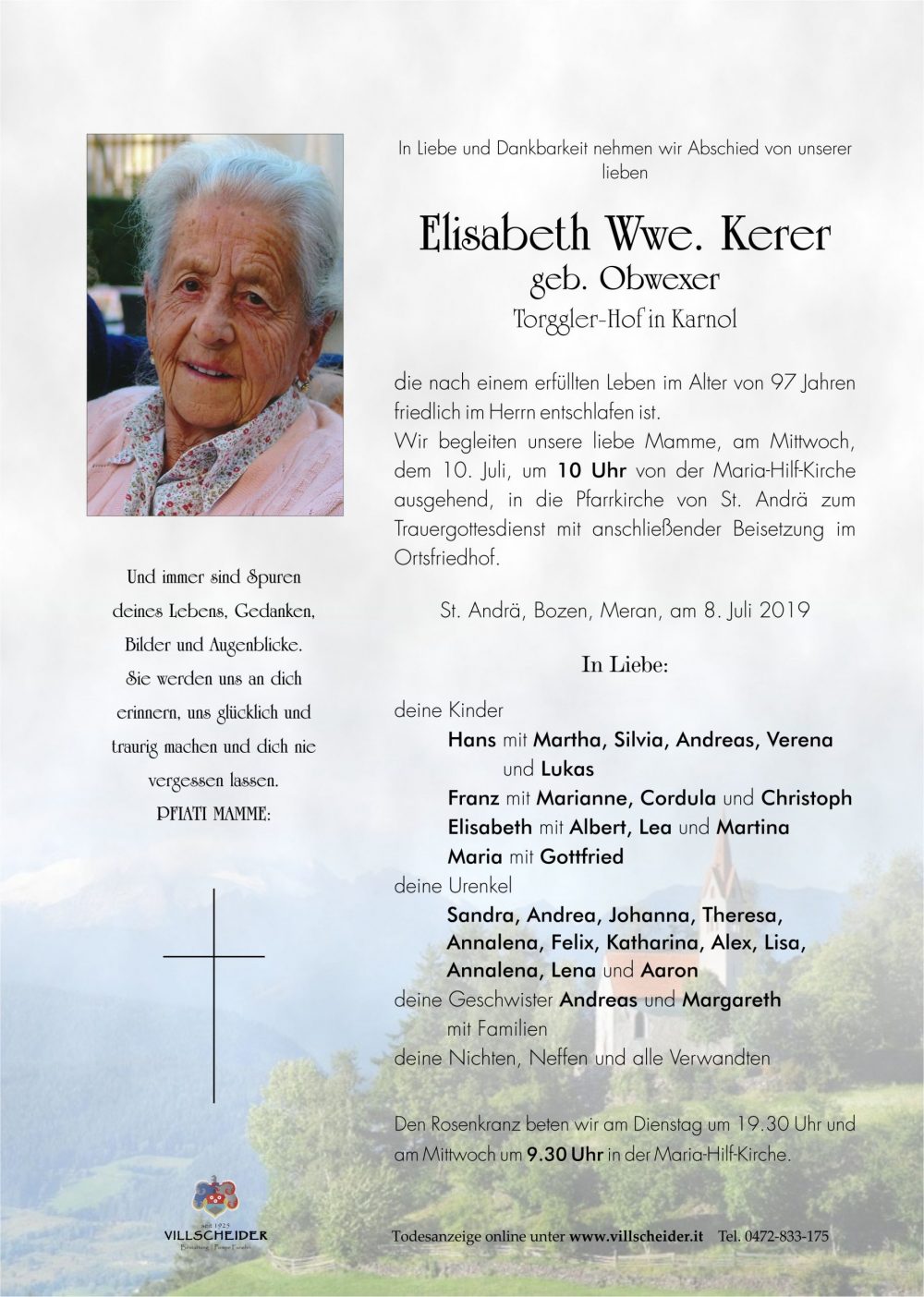 Elisabeth Wwe. Kerer geb. Obwexer - Bestattung Villscheider